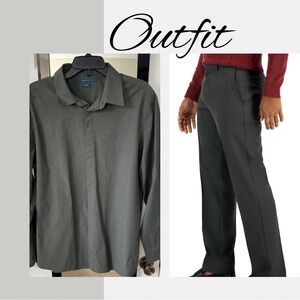 OUTFIT: Dark green long sleeve button up shirt & Charcoal slacks